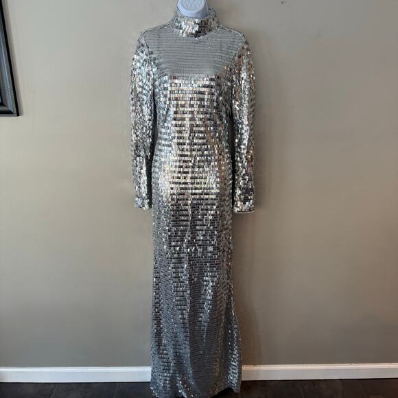 Simon Miller Sequin Sculpty Dress Satellite Silver Satin Maxi Long Sleeve 8 NYE - Picture 5 of 15